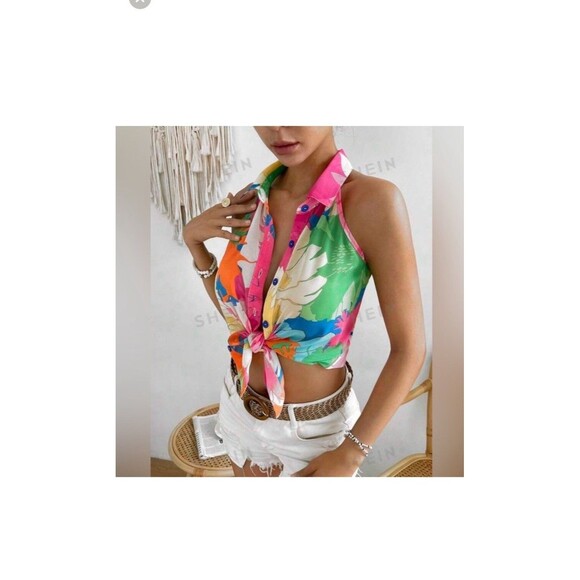 SHEIN Blouse Adult M Floral Colorful SemiSheer Shirt Women Buttons Sleeveless - Picture 6 of 12